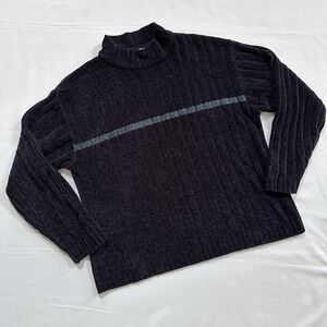 Vintage Striped Chenille Sweater Sz L Skater Grunge Soft Navy 90s Y2K